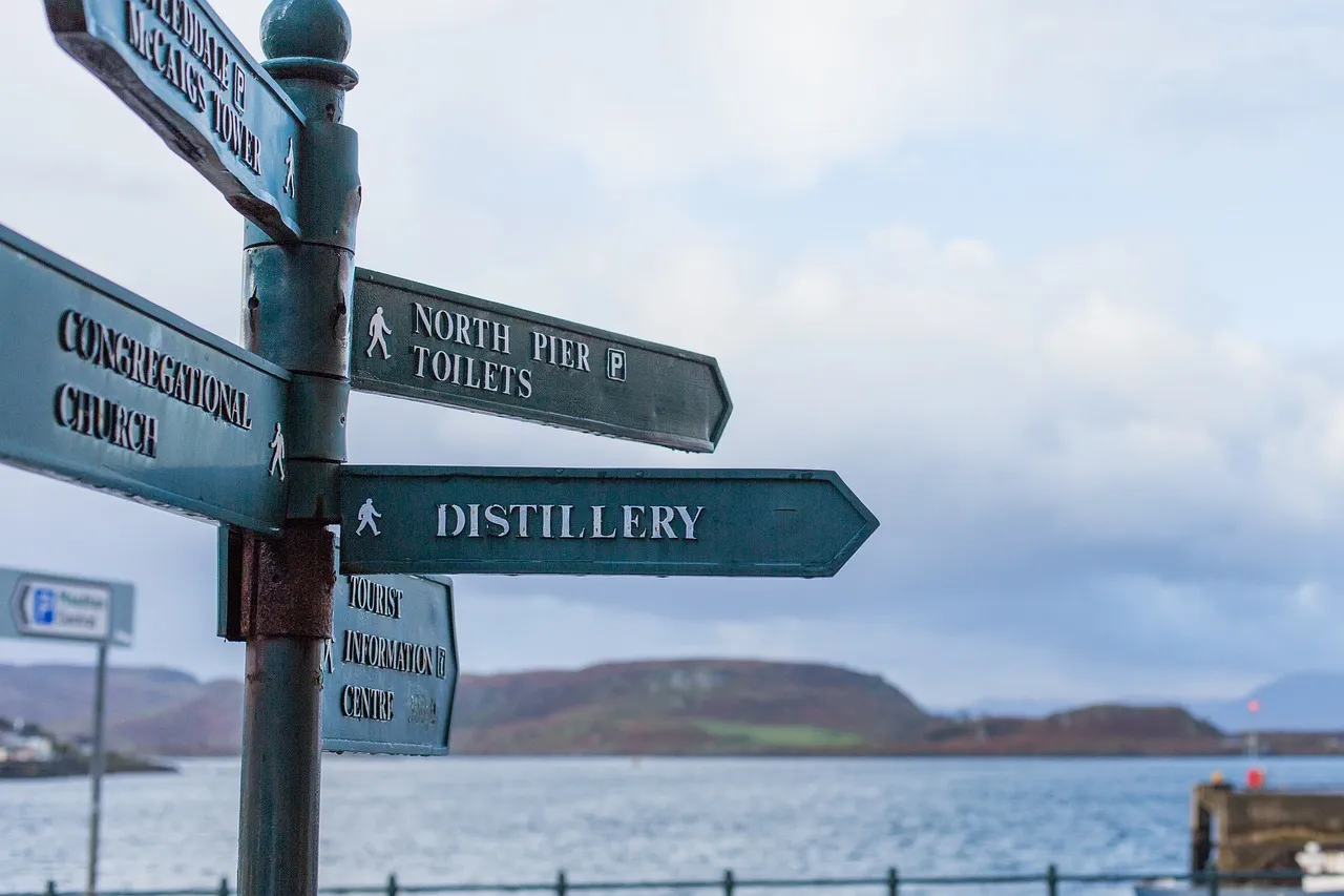Wegweiser-Schilder an einer Brennerei in Schottland